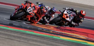 Nicolo Bulega (11), Toprak Razgatlioglu (1) and Sam Lowes (14) at MotorLand Aragon. Photo courtesy Dorna.