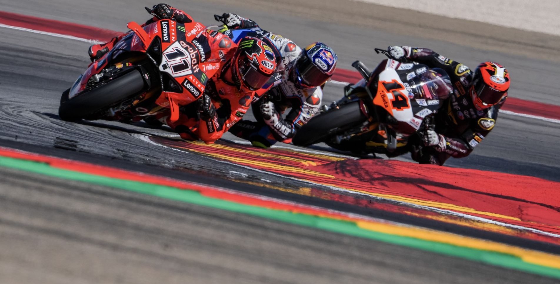 Nicolo Bulega (11), Toprak Razgatlioglu (1) and Sam Lowes (14) at MotorLand Aragon. Photo courtesy Dorna.