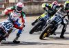 Trent Lowe (48) leads Henry Wiles (911) and Brandon Price (92) during the Mission AFT SuperTwins Main Event Sunday at the Springfield Mile II presented by Drag Specialties event. Photo credit Tim Lester / courtesy American Flat Track.