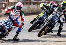 Trent Lowe (48) leads Henry Wiles (911) and Brandon Price (92) during the Mission AFT SuperTwins Main Event Sunday at the Springfield Mile II presented by Drag Specialties event. Photo credit Tim Lester / courtesy American Flat Track.