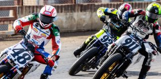 Trent Lowe (48) leads Henry Wiles (911) and Brandon Price (92) during the Mission AFT SuperTwins Main Event Sunday at the Springfield Mile II presented by Drag Specialties event. Photo credit Tim Lester / courtesy American Flat Track.
