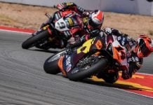 Sam Lowes (14) and Danilo Petrucci (9) at MotorLand Aragon. Photo courtesy Dorna.