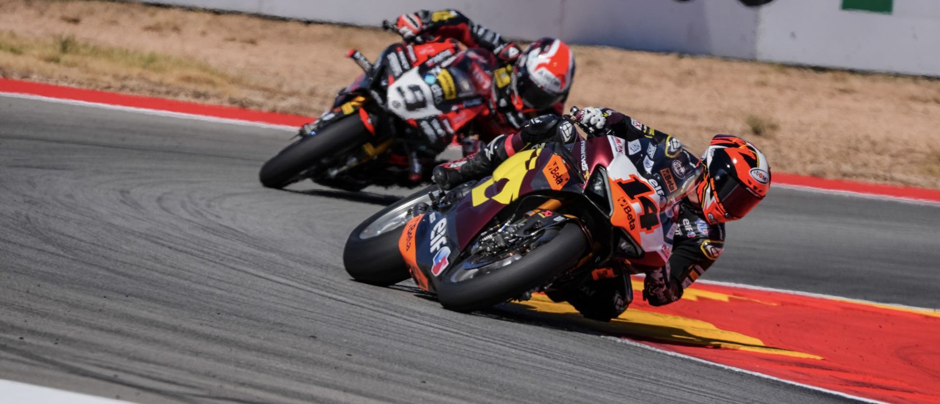 Sam Lowes (14) and Danilo Petrucci (9) at MotorLand Aragon. Photo courtesy Dorna.