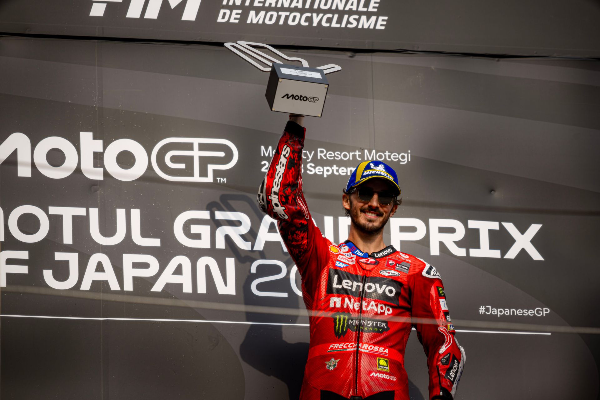 Francesco Bagnaia on the podium after his victory at Motegi. Photo courtesy Ducati Lenovo Team.