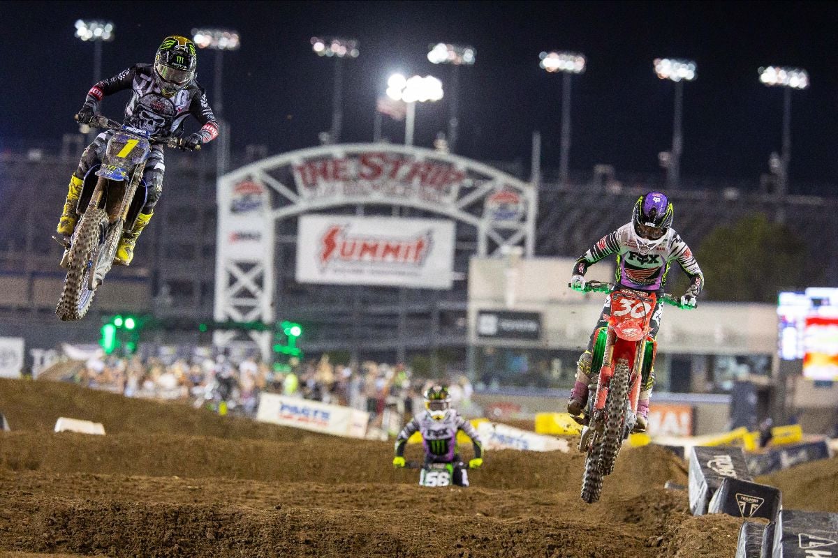 Haiden Deegan (#1) and Jo Shimoda (#30) contesting the 2025 SMX World Championship Final in Las Vegas where Shimoda would come out on top as the first ever champion from Japan in the sport’s history. Photo courtesy Feld Motor Sports