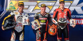 The top three overall in SW-Motech Superbike: (L to R) West, Waters and Pearson. Photo by RbMotoLens.