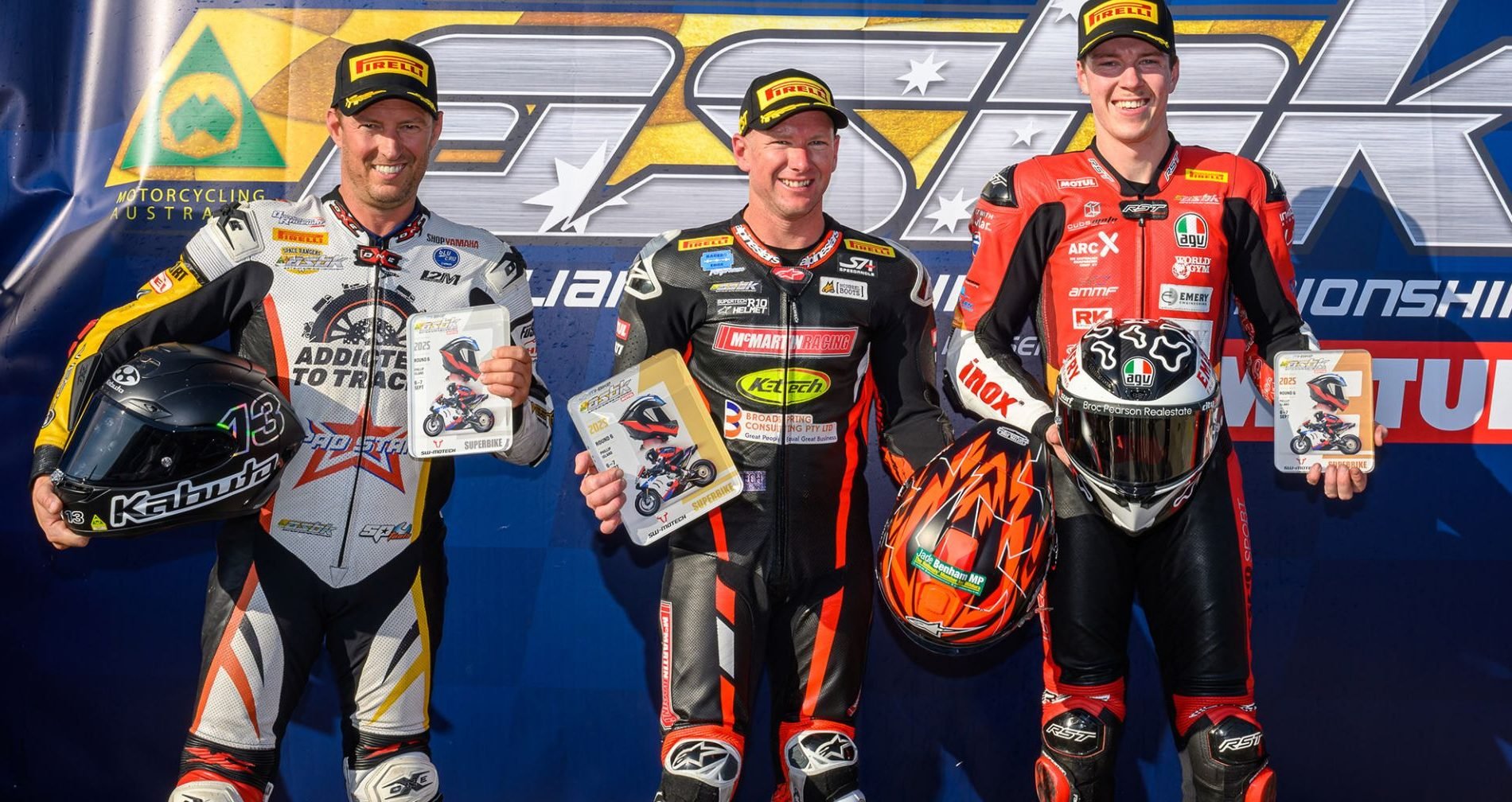 The top three overall in SW-Motech Superbike: (L to R) West, Waters and Pearson. Photo by RbMotoLens.