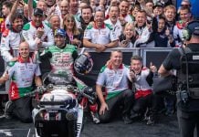 Johann Zarco and his team celebrating victory at Le Mans. Photo courtesy Honda LCR.