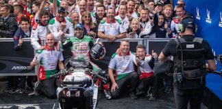 Johann Zarco and his team celebrating victory at Le Mans. Photo courtesy Honda LCR.