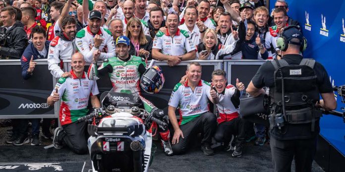 Johann Zarco and his team celebrating victory at Le Mans. Photo courtesy Honda LCR.