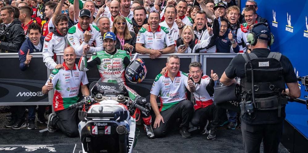 Johann Zarco and his team celebrating victory at Le Mans. Photo courtesy Honda LCR.