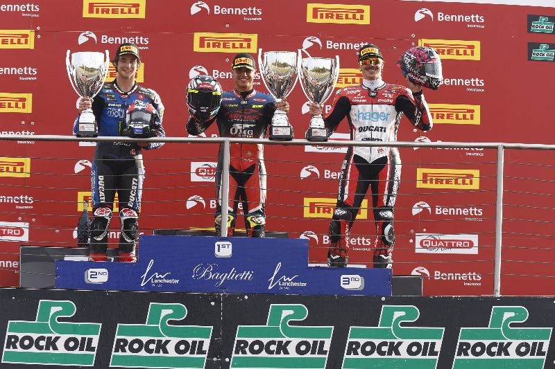 Podium picture from race 4 at Donington Park with, from left to right, Rory Skinner, Kyle Ryde and Scott Redding. Photo courtesy BSB.