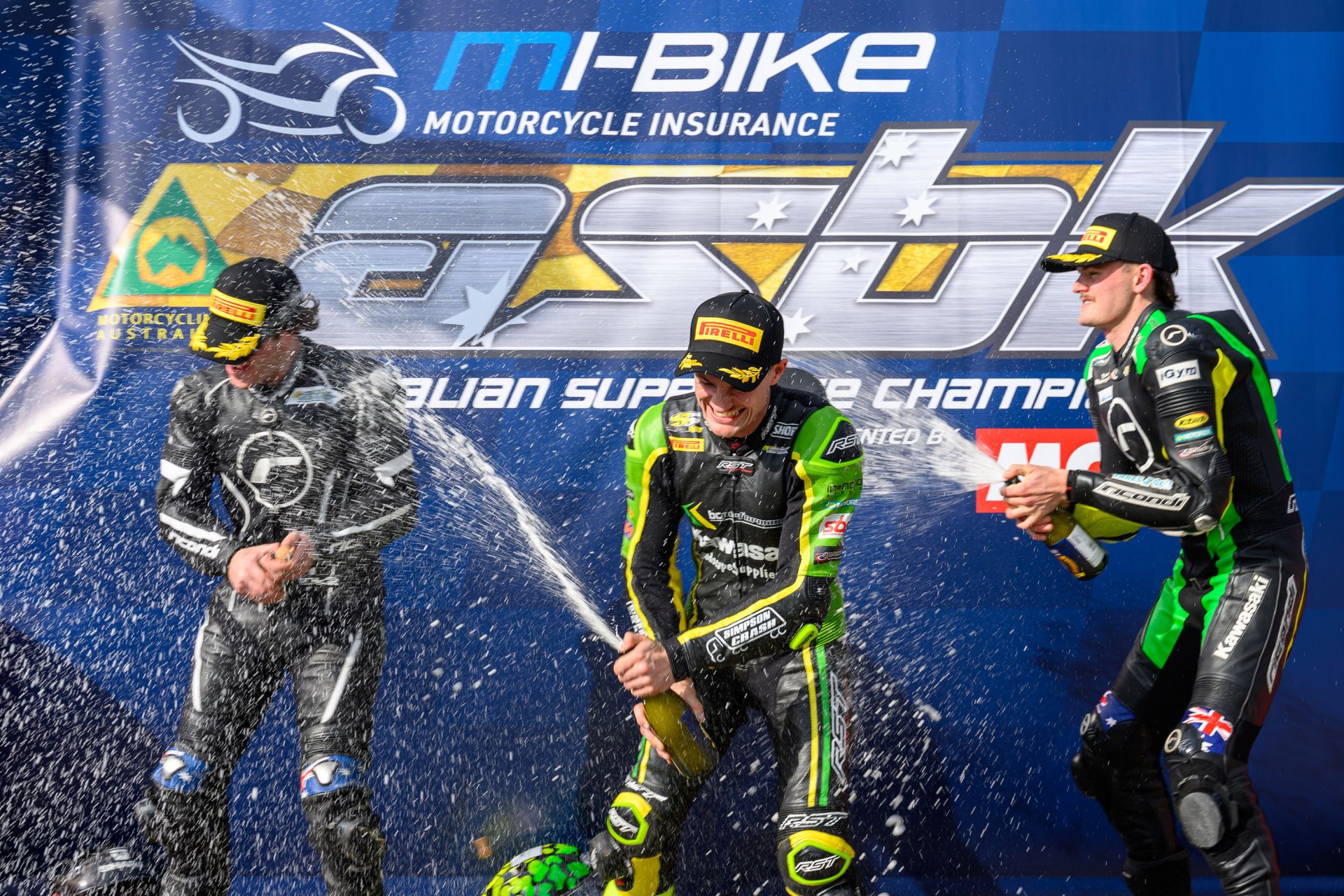 The Kawasaki Supersport overall top three: (L to R) Farnsworth, Simpson and Nelson. Photo RbMotoLens