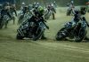 Mission AFT SuperTwins riders Dallas Daniels (32), Henry Wiles (911), Briar Bauman (3), Davis Fisher (67), and others race during the Round Two Main Event at the 2025 Daytona Short Track II. Photo by Tim Lester / courtesy American Flat Track.