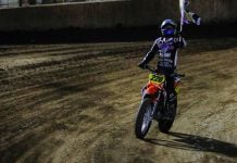 Kage Tadman (228) takes a victory lap at Ventura Raceway during Round 4. Photo credit: Scott Hunter / courtesy American Flat Track