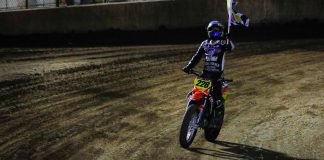 Kage Tadman (228) takes a victory lap at Ventura Raceway during Round 4. Photo credit: Scott Hunter / courtesy American Flat Track