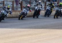 Dallas Daniels (32), Trent Lowe (48), Briar Bauman (3), Declan Bender (70), Henry Wiles (911), and Brandon Price (92) race down the front straightaway during the Mission AFT SuperTwins Main Event in Springfield during the Springfield Mile II event. Photo by Tim Lester / courtesy American Flat Track.