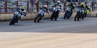 Dallas Daniels (32), Trent Lowe (48), Briar Bauman (3), Declan Bender (70), Henry Wiles (911), and Brandon Price (92) race down the front straightaway during the Mission AFT SuperTwins Main Event in Springfield during the Springfield Mile II event. Photo by Tim Lester / courtesy American Flat Track.