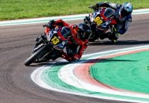 Jayden Fernandez (13) leading Thomas Benetti (98) in Trofeo Aprilia RS660 Race 2 at Imola. Photo courtesy Fernandez Racing.