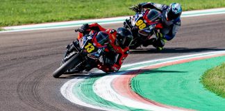 Jayden Fernandez (13) leading Thomas Benetti (98) in Trofeo Aprilia RS660 Race 2 at Imola. Photo courtesy Fernandez Racing.