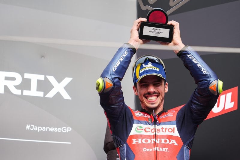 Joan Mir on the podium at Motegi. Photo courtesy Honda HRC.
