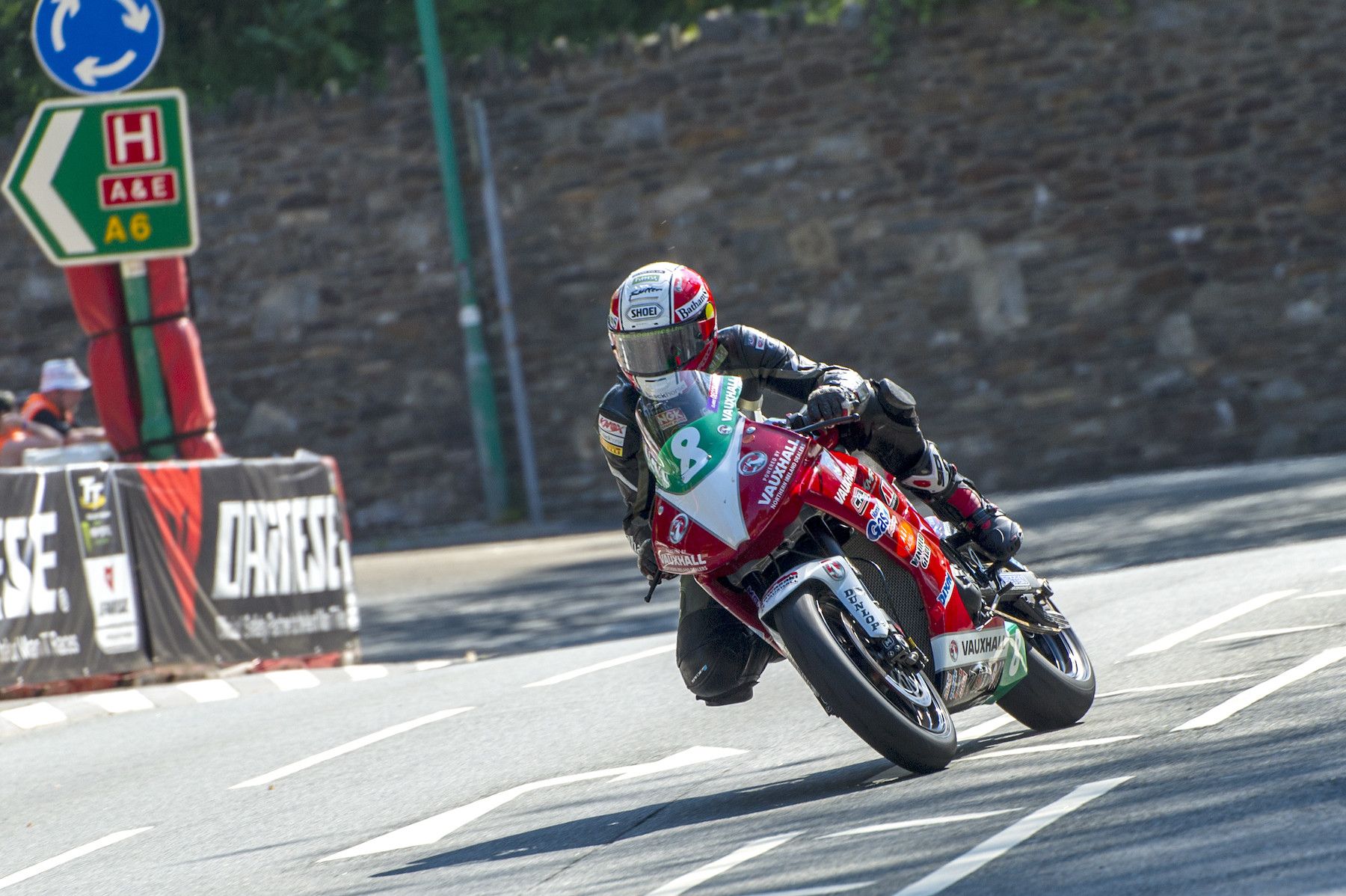 TT 2013 - Lightweight TT - Michael Rutter (Kawasaki 650) at Braddan Bridge. H crashed on lap2. Photo courtesy Barry Clay.