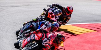 Nicolo Bulega (11), Toprak Razgatlioglu (1) and Sam Lowes (14) at Aragon. Photo courtesy Dorna.