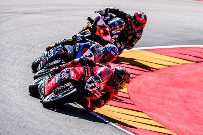 Nicolo Bulega (11), Toprak Razgatlioglu (1) and Sam Lowes (14) at Aragon. Photo courtesy Dorna.