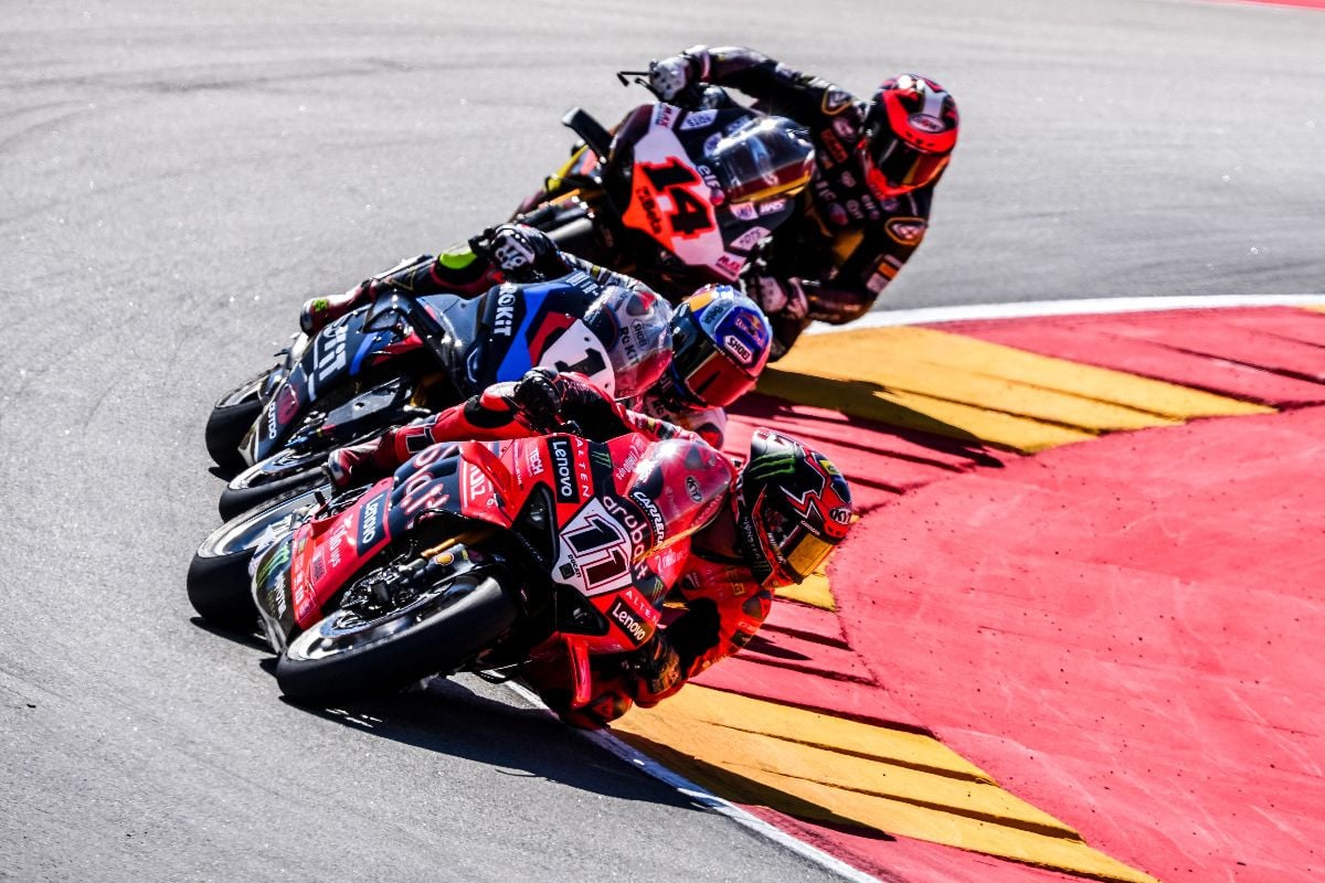 Nicolo Bulega (11), Toprak Razgatlioglu (1) and Sam Lowes (14) at Aragon. Photo courtesy Dorna.