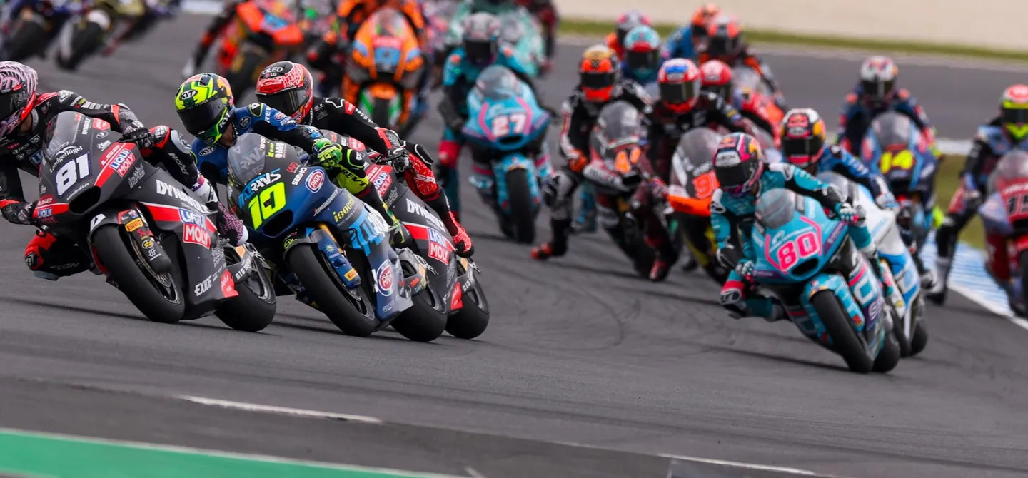 Moto2 race start at Phillip Island. Photo courtesy Dorna.