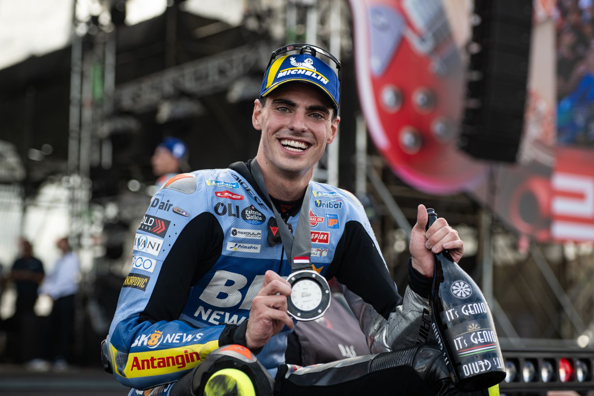 Fermin Aldeguer on the Sprint podium at Mandalika. Photo courtesy BK8 Gresini Team.