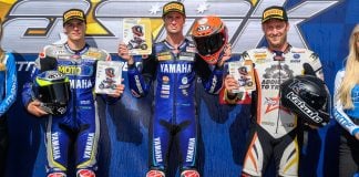 The SW-Motech Superbike overall top three: (L to R): Dunker, Jones and West. Photo courtesy ASBK