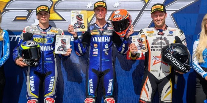 The SW-Motech Superbike overall top three: (L to R): Dunker, Jones and West. Photo courtesy ASBK