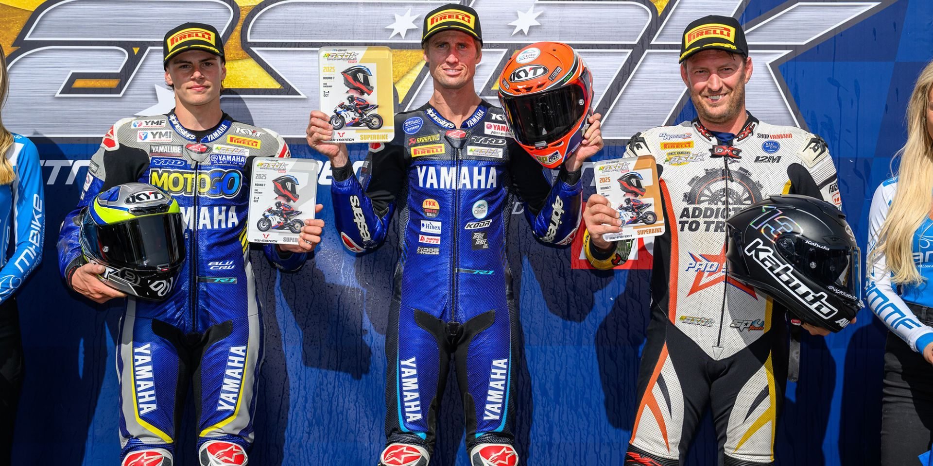 The SW-Motech Superbike overall top three: (L to R): Dunker, Jones and West. Photo courtesy ASBK