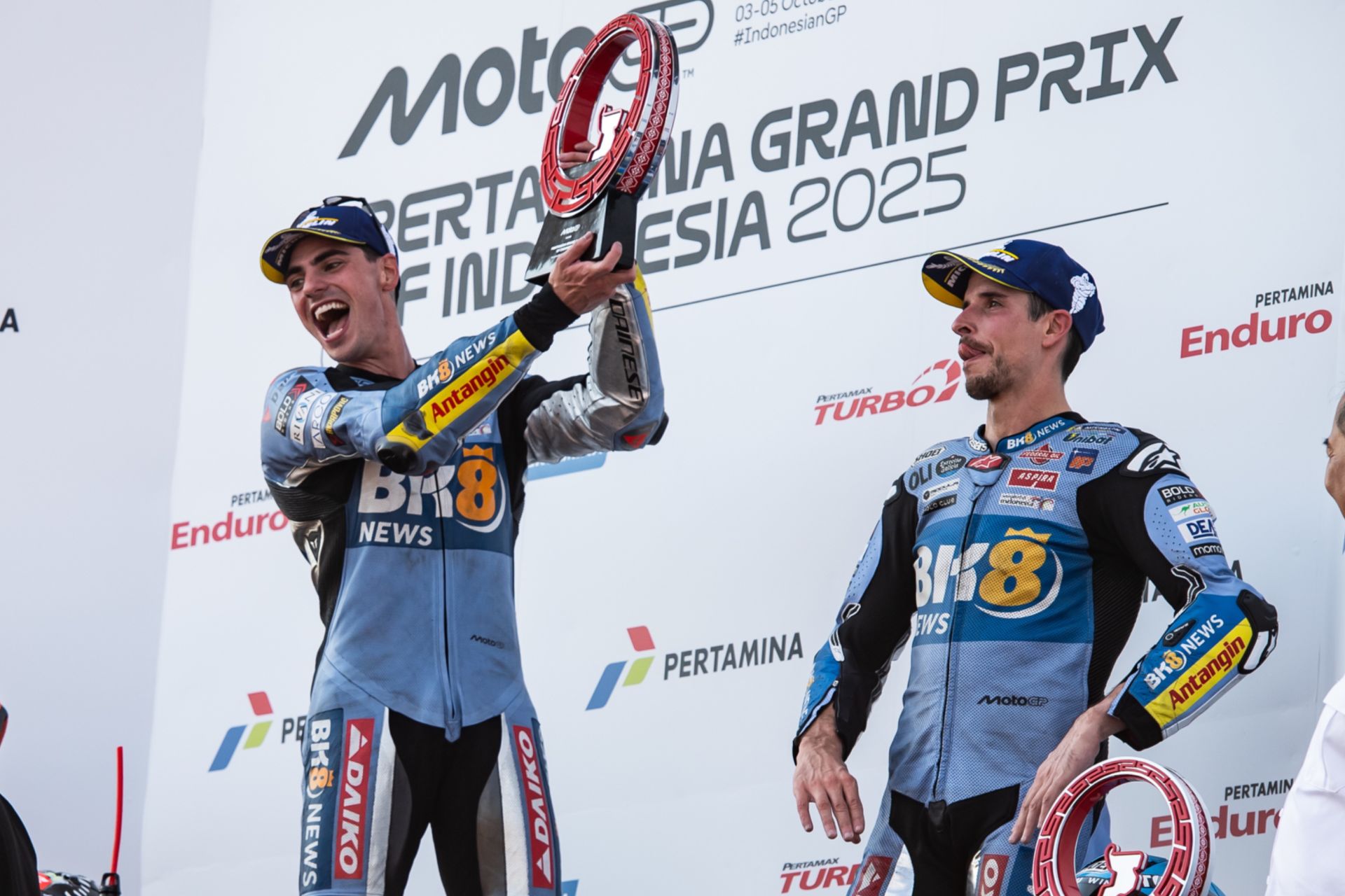 Fermin Aldeguer on the left and Alex Marquez on the right, on the podium at Mandalika. Photo courtesy BK8 Gresini Team.
