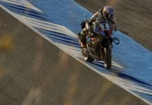 Toprak Razgatlioglu (1) on his ROKiT BMW Motorrad WorldSBK Team M1000RR at Estoril. Photo courtesy Dorna.