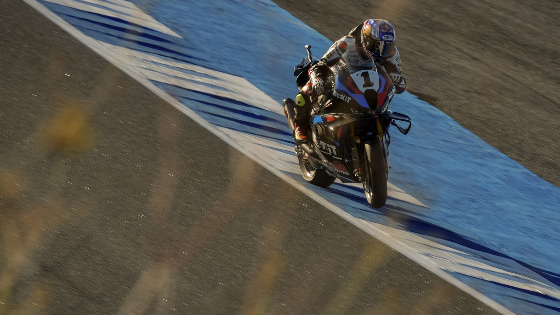 Toprak Razgatlioglu (1) on his ROKiT BMW Motorrad WorldSBK Team M1000RR at Estoril. Photo courtesy Dorna.