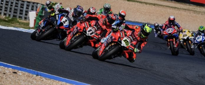 World Superbike race start at Estoril. Photo courtesy Dorna.