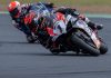 Waters (1) and Jones in close SW-Motech Superbike combat at Queensland Raceway. Photo by RbMotoLens