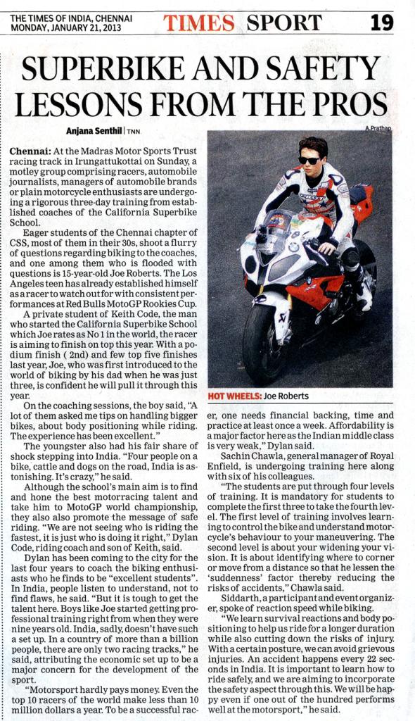 Young Gun And California Superbike School Instructor Joe Roberts Featured In The Times Of India